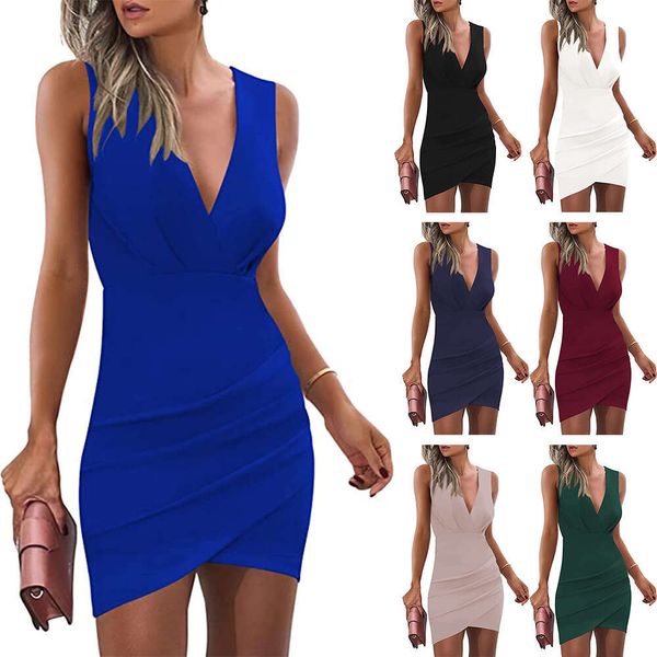 2023 Amazon Wish Europäisches und amerikanisches Sommer-Nachtclubkleid mit V-Ausschnitt und Falten, asymmetrisch, sexy Tanktop, umwickelt, Hüfte, schmale Passform