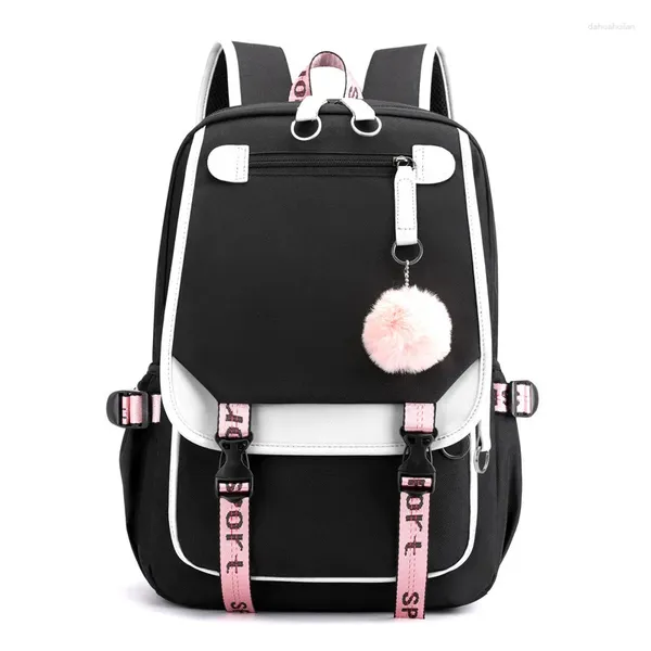Sacos escolares grandes para moda preto rosa adolescente mochila meninas adolescentes porta usb lona mochila estudante saco de livro