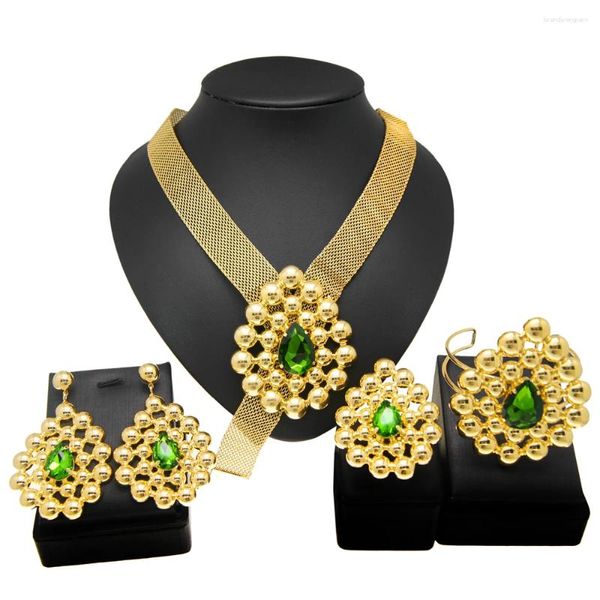 Halskette Ohrringe Set YULAILI Neueste Dubai Gold Farbe Luxus Überzogene Frauen Halsketten Ring Armband Hochzeit Party Zubehör