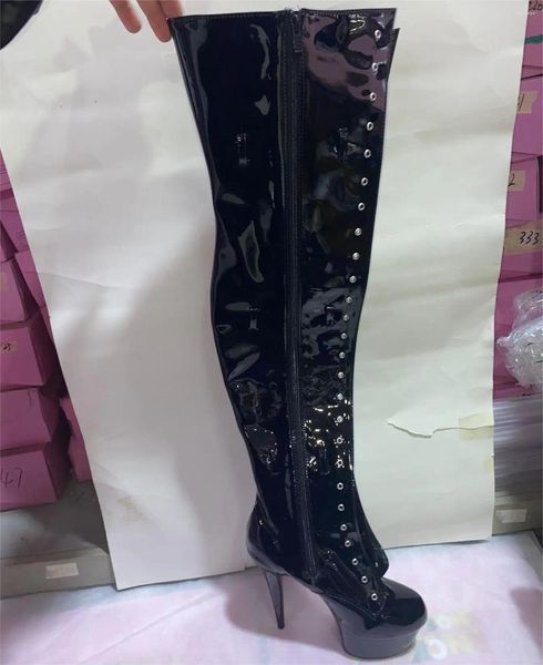 Sapatos de dança 15-23cm fivela frontal alta acima do joelho botas cabeça redonda senhoras 6-9 Polegada palco sexy pista mostrar extra longo