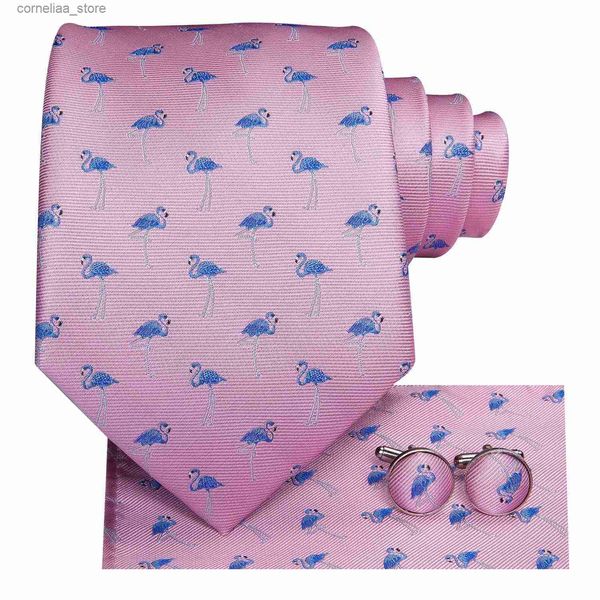 Gravatas Gravatas Gravatas Hi-Tie Designer Rosa Azul Flamingo Impressão Gravatas De Seda Para Homens Lenço Abotoadura Dos Desenhos Animados Mens Gravata Presente Para Homens Jacquard Gravata Y240325