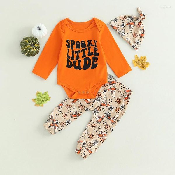 Set di abbigliamento Born Baby Boy Halloween Outfit Cutest Pumpkin Manica lunga Pagliaccetto Pantaloni Cappello Vestiti