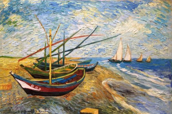 Kalligraphie handgemaltes Meereslandschafts-Ölgemälde Fischerboote am Strand von SaintesMaries von Vincent Van Gogh Leinwandkunst für Badezimmer