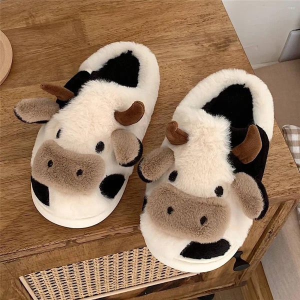 Chinelos mulheres vaca inverno casa sandálias macias sapatos de pelúcia flip flops para homens bonito interior confortável dos desenhos animados slides