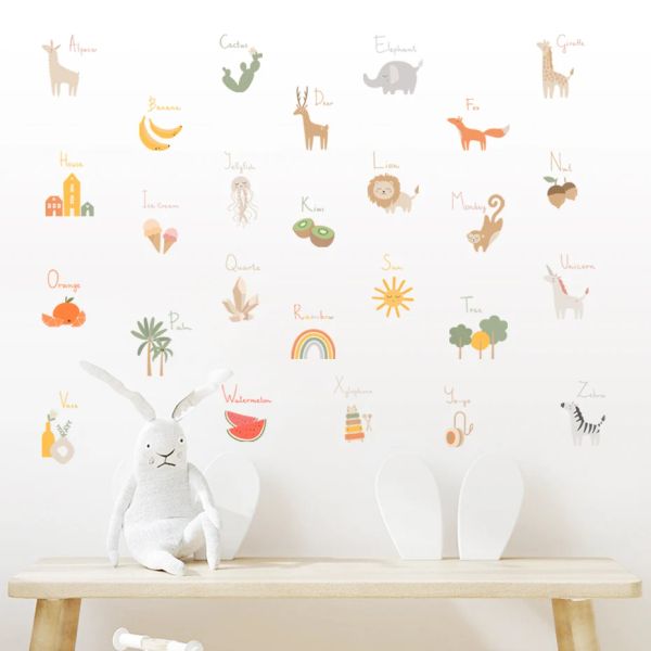 Adesivos de desenho animado, alfabeto, animais, frutas, arco-íris, árvore, berçário, adesivos de parede removível, decalques de parede de vinil, mural, quarto infantil, decoração de casa