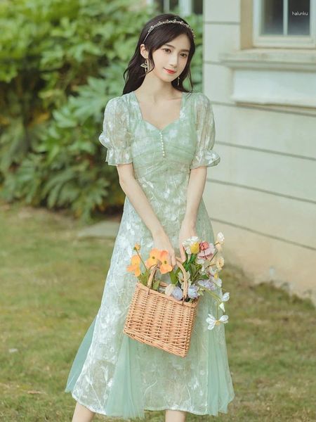 Partykleider Sommer Mesh Chiffon bestickt Patchwork Fee Kleid für schlanke Dame Vintage Puffärmel Romantische Prinzessin koreanische Vestido