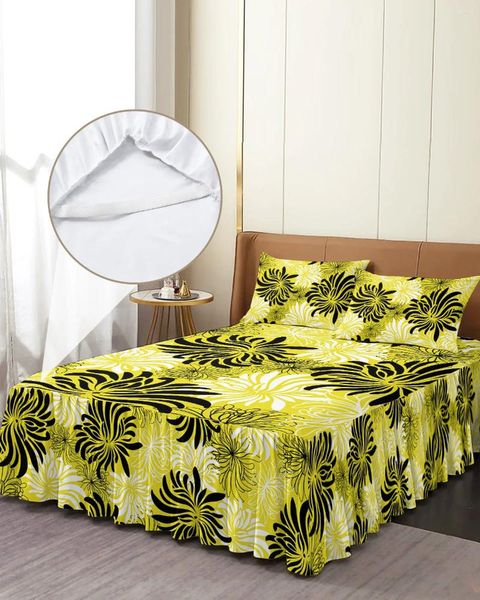 Saia de cama crisântemo amarelo preto e branco retro colcha equipada com fronhas capa de colchão conjunto de cama folha