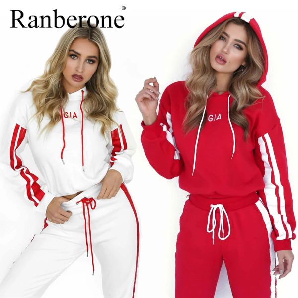 Capris Nuove Donne Vestito di Sport 2 Pezzi Trainning Set Casual Bianco Rosso a Righe Felpa con Cappuccio da Jogging Pantaloni Della Tuta Fitness Abbigliamento Sportivo