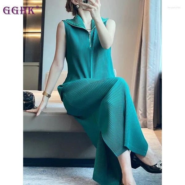 Abiti da lavoro GGHK Miyake Pieghettato Donna Due pezzi Risvolto Senza maniche Cerniera Design Vintage Top Vita alta Casual Elegante Moda Mezza gonna