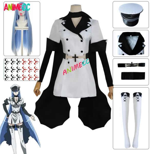 Hüte ANIMECC Esdeath Cosplay Akame Ga KILL Cosplay Kostüm mit Hut Socken Perücke Wasser Tattoo Halloween Party Outfits für Frauen Komplettes Set