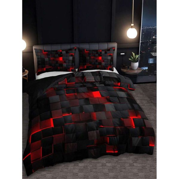 Rotes Gitter-Set im Technologie-Stil, bestehend aus 1 Bettdeckenbezug und 2 Kissenbezügen, geeignet für den Heim- und Schlafsaalgebrauch
