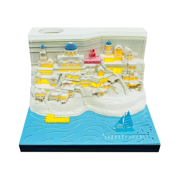 Miniaturen Omoshiroi Blocknotizen 3D-Notizblock Mini-Santorini-LED-Notizblock Hochwertiges, erstaunliches 3D-Papiermodell Haftnotiz 3D-Kunst Freunde Geschenk