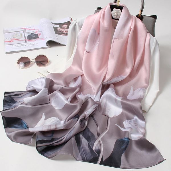 Sciarpa di seta reale al 100% Donna Fazzoletto di lusso Foulard stampato Hangzhou Scialle di seta naturale Morbido lungo Foulard Foulard Femme 240323