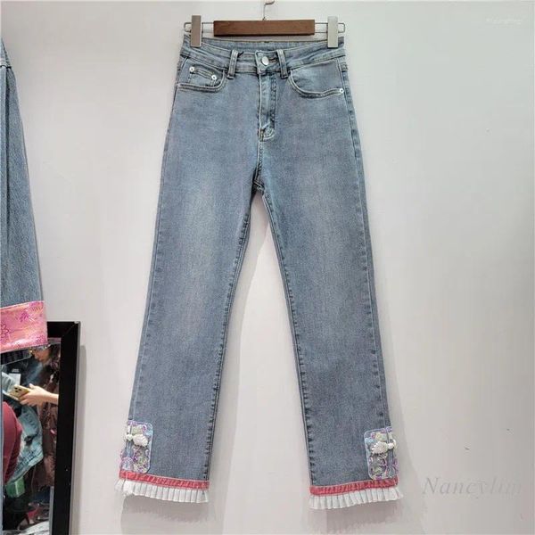 Jeans femininos 2024 primavera e verão em linha reta para mulheres estilo nacional pesado indústria contas retalhos borda azul denim calças
