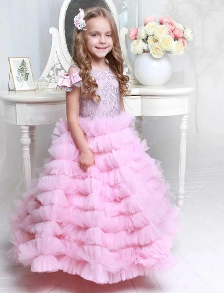 Abiti da ragazza Abito da ballo rosa Fiore per matrimonio Abito da prima comunione natalizio in tulle di pizzo con scollo a barchetta