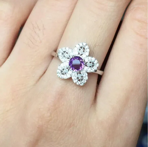 Anéis de cluster tipo flor natural ametista anel 925 prata esterlina fina jóias de cristal roxo para menina 6mm gem