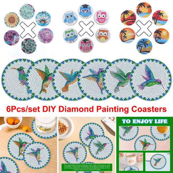 Stitch 6 pçs diy pintura diamante porta-copos pássaros flores strass arte mosaico copo tapete almofada mesa placemat com rack artesanato decoração de casa