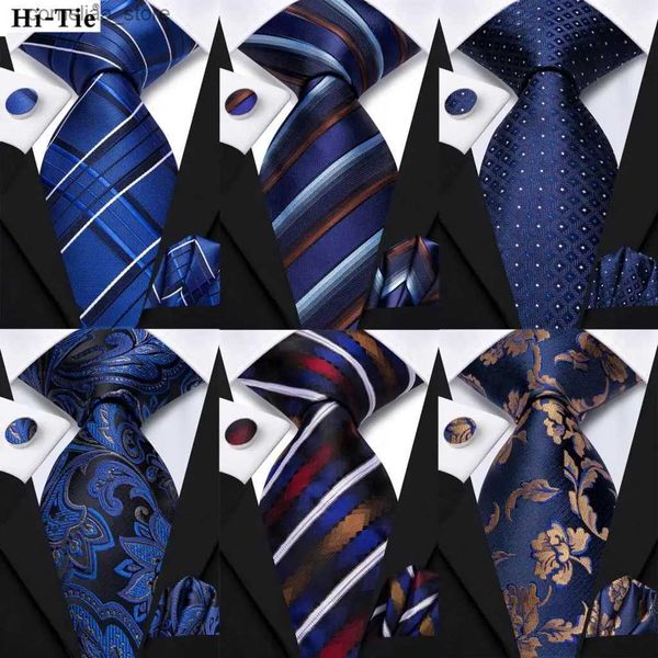 Gravatas de pescoço Gravatas Hi-Tie New Listrado Azul Marinho Seda Elegante Gravata Para Homens Noivo Casamento Homens Gravata Bolso Quadrado Abotoadura Acessório Atacado Y240325