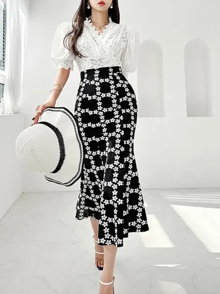 Abiti da lavoro Summer White White Lace Maxi Skirt Gonna a due pezzi set elegante ol top a v-collo Fishtail 2 outfit femmina