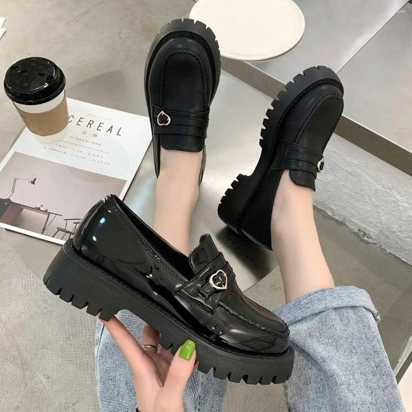 Sapatos de vestido primavera mulheres estilo britânico couro pu fundo grosso preto único mulheres menina doce japonês jk uniforme lolita