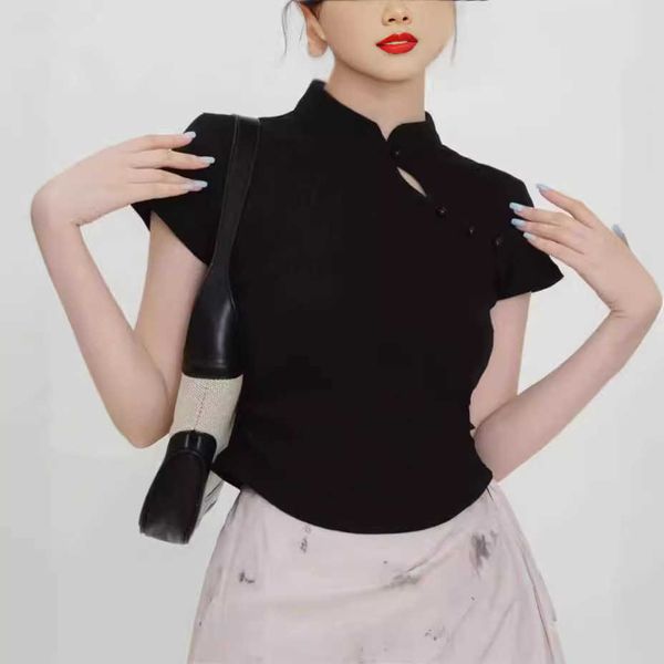 Короткая 2024 летняя женская китайская стиль стоять вверх вверх штуковину Складированную вязаную футболку с тонкой талией
