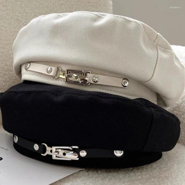 Berets Französische Metallgürtelschnalle Baskenmütze Damen Frühling Sommer Allgleiches Britischer Retro-Maler Achteckige Hüte für Frauen