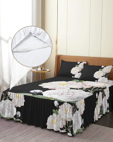 Gonna letto Rose Fiori Copriletto elastico bianco con federe Coprimaterasso protettore Set lenzuolo