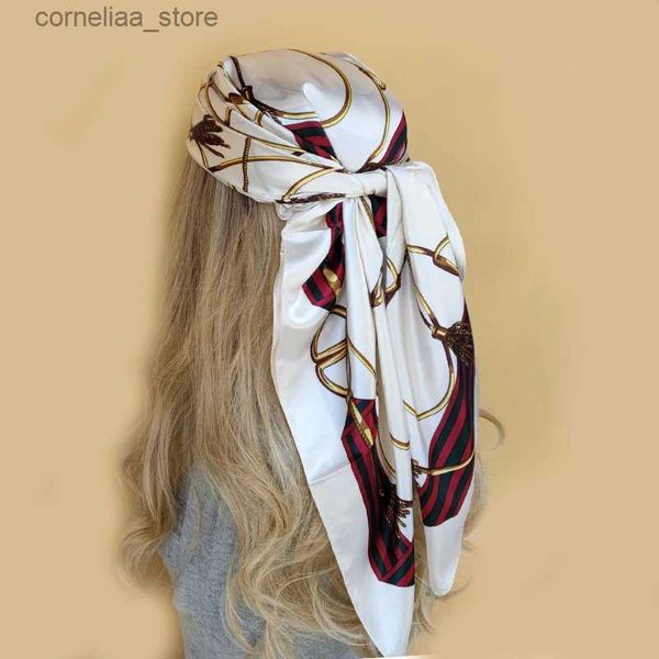 Bandanas Durag Bandanas Durag 90 * 90cm Lenço de Seda Mulheres Imprimir Cabelo Pescoço Quadrado Escritório Senhoras Xaile Bandana Muçulmano Hijab Lenço Silenciador Foulard feminino Y240325