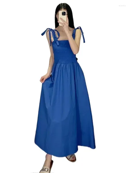 Vestidos casuais 2024 verão mulheres azul longo moda elegante boho maxi vestido de algodão linho lace up espaguete cinta festa