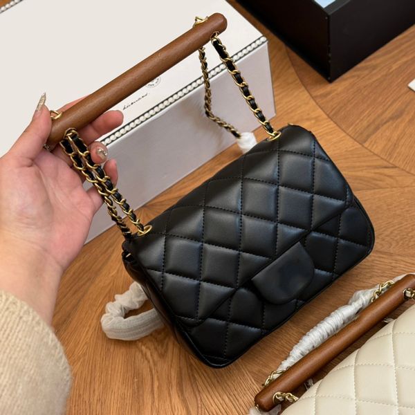 Bayanlar Lüks Tasarımcı Klasik Kuzu Dinek Klasik Mini Flep Squilted Torbalar Ahşap El Totes GHW Crossbody Omuz Çanta Dönüşü Kilit Kozmetik Kılıf Çantası 20cm