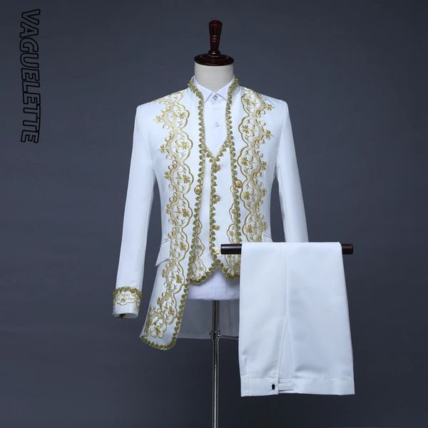 Vaguelette barroco bordado floral ternos para homens de luxo branco preto casamento longo terno jaqueta calças conjunto com colete 240312