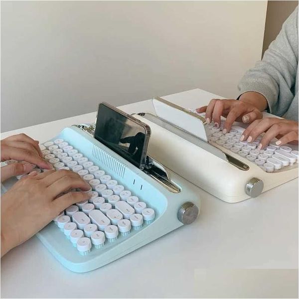 Tastiere Tastiera wireless compatibile con Bluetooth Macchina da scrivere da ufficio Meccanica Retro Keycap rotondo Notebook Tablet Dropship Drop De Otosl