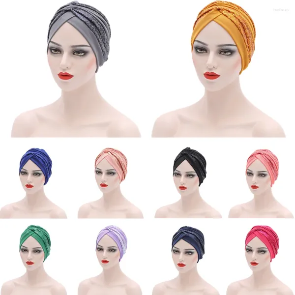 Abbigliamento etnico Donne musulmane Hijab Paillettes Turbante Cappello arabo Cofano Foulard Perdita di capelli Solido Africano Auto Gele Headtie Head Wrap Cap