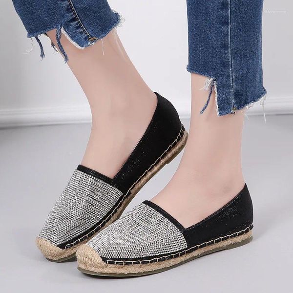 Sapatos casuais corda strass mulheres pescador pu mocassins de couro prata preto senhoras mocassins brilhantes apartamentos zapatillas mujer 43