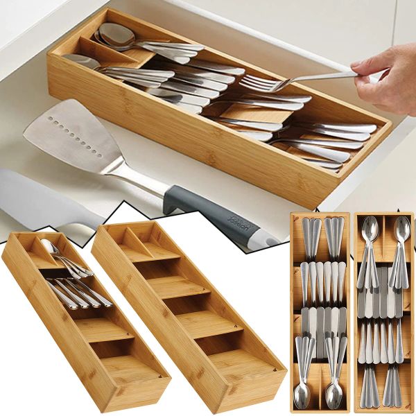 Cassetti Cucina Stoviglie Organizzatore per cassetti Cucina espandibile in bambù Cassetto per posate compatto Strumento per forchette Cucchiai Utensili da cucina