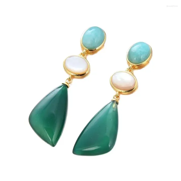 Dangle Brincos GG Jóias Geométricas Natural Pedra Verde Peruano Amazonita Branco Shell Cor de Ouro Banhado Stud Estilo Vintage