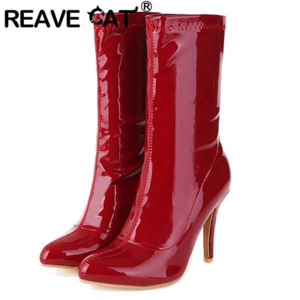 Stivali Reave Cat Women Midcalf stivali puntati di punta sottile tacchi alti slipon in moda di grandi dimensioni 3248 inverno rosso nero solido s3201