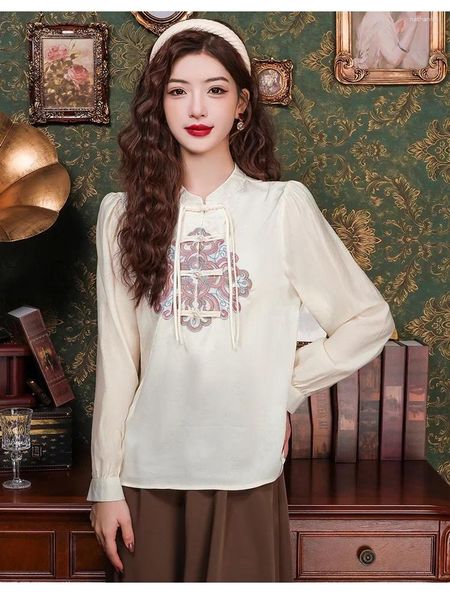 Frauen Blusen Vintage Shirts Und Frau Stehkragen Langarm Beige Sticken Elegant Für Frauen 2024 Frühling Tops