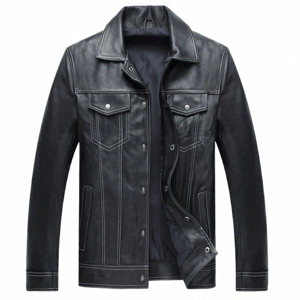 Leder Männer Casual Echte Mantel Marke Luxus Echte Lederjacke Schlanke Revers Schwarz Tasche Schafe Lederjacke Aviati Kleidung D0cU #