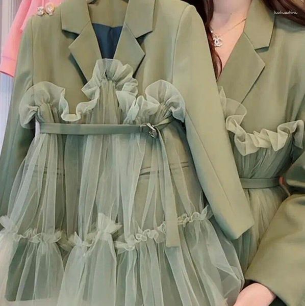 Jaquetas 2024 estilo coreano meninas retalhos blazer com cinto de boa qualidade moda primavera casaco crianças roupas 2-7t