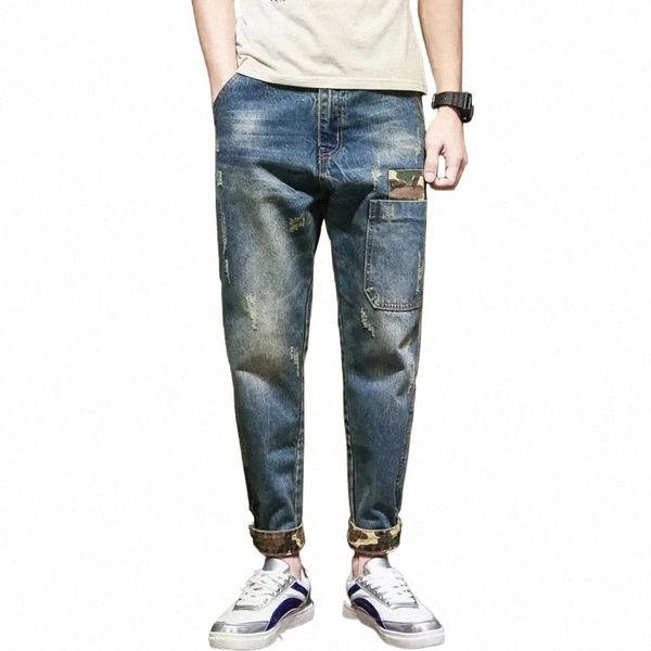 Vintage Hip Hop Camoure Paneled Men's Harem Pants Jeans Casual Masculino Sweatpants Calças Big Pocket Denim Calças Streetwear e1iE #