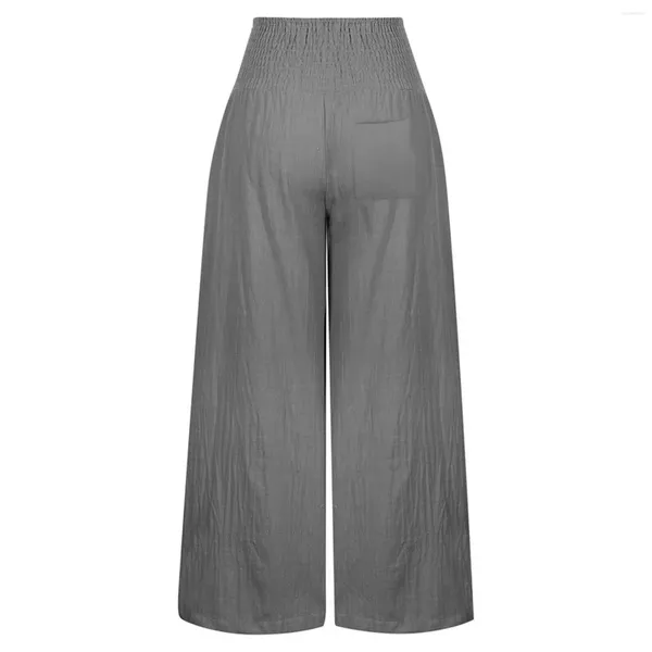 Calças femininas verão algodão linho perna larga mulheres soltas palazzo pant bolso elástico cintura botão casual pantalones de mujer