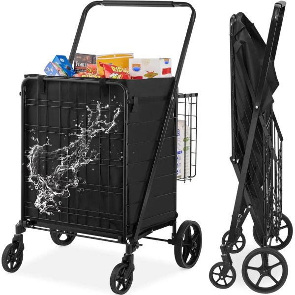 Carts Zusammenklappbarer Einkaufswagen, 330 Pfund, robuster, rollender Einkaufswagen mit wasserabweisenden, abnehmbaren Doppelkörben, Mehrzweckwagen, Schwarz