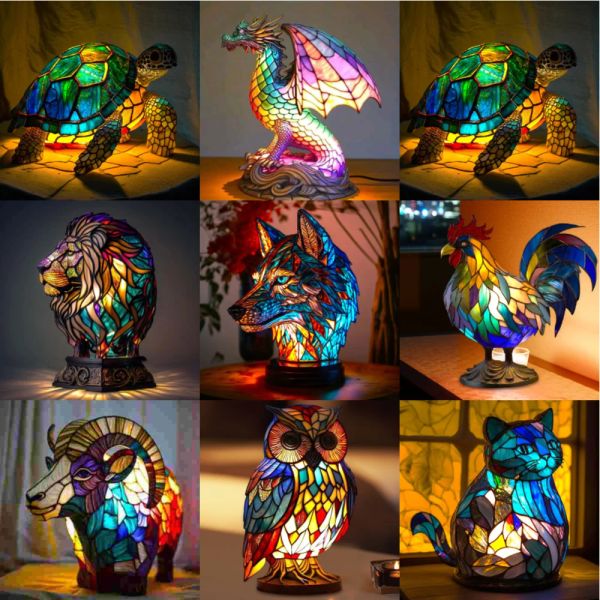 Miniature Lampada da tavolo Animal Light Light Resina in vetro colorato Serratura Mermaid Tartaruga Leone Dolfino Wolf Drago Owl Orning Serie