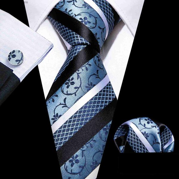Cravatte Cravatte Cravatte di seta a righe blu scuro per uomo Elegante cravatta jacquard Gemelli Fazzoletto da taschino Set Festa Matrimonio Affari Barry.Wang FA-64 Y240325