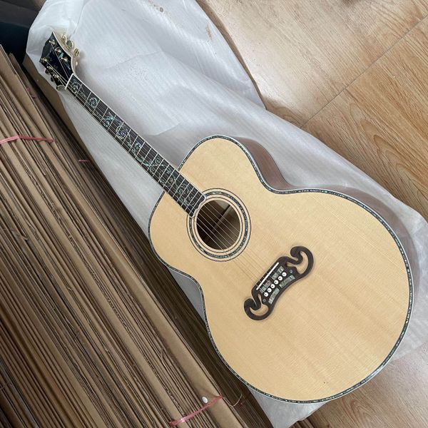 Em estoque Nova chegada 43 # Guitarra acústica (elétrica) J200 Real Abalone Inlay Madeira maciça AAA Maple Ebony Fretboard / Bridge, Bone Nut / Saddle In Natural 202402