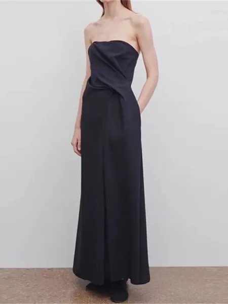 Lässige Kleider Damen Schwarzes Abendkleid 2024 Frühling/Sommer Minimalistischer Stil Unregelmäßige Taille Damen Elegante A-Linie Midi-Robe