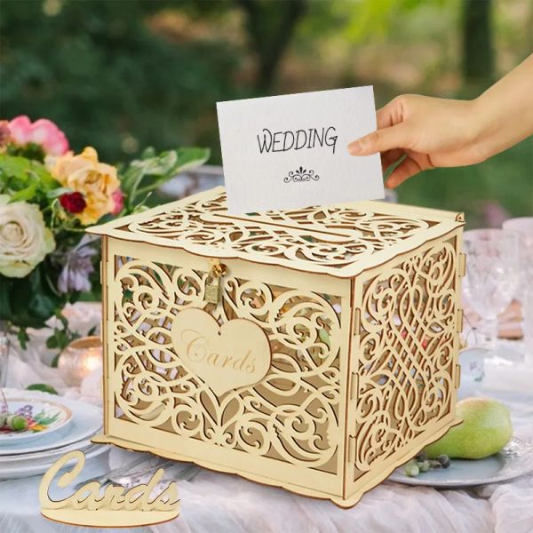 Caixa de cartão de casamento de caligrafia, envelope, cartão de presente, caixas de madeira, oco, padrão floral, cartão de convite, caixa diy, suprimentos de decoração de festa de casamento