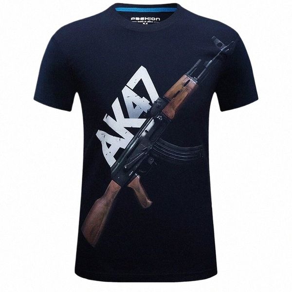 Футболка с коротким рукавом для летней проницаемости мужчин AK 47 Gun Print Fan Army Fan Tough Guy Wind Speed ​​Dry O Shem Punk большой топ H4U2#