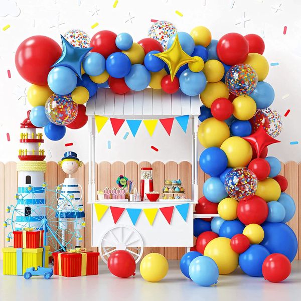 Caligrafia carnaval circo balão guirlanda arco kit vermelho azul amarelo confetes balão estrela folha de brinquedo ballon festa aniversário decoração arco-íris